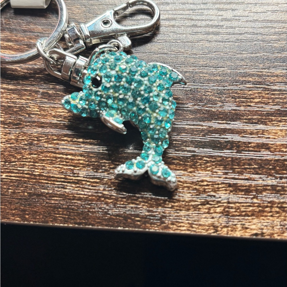 Turquoise Rhinestone Dolphin Keychain - Picture 4 of 5